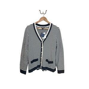 Lands End Womens Striped Cardigan Sweater Navy White Button Front Pockets XL NWT